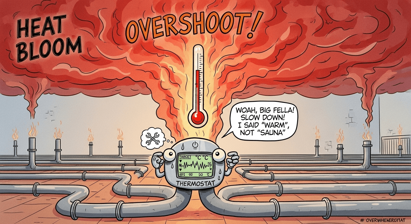 A basic thermostat struggling to control an underfloor heating system, illustrating the limitations of simple on/off controls