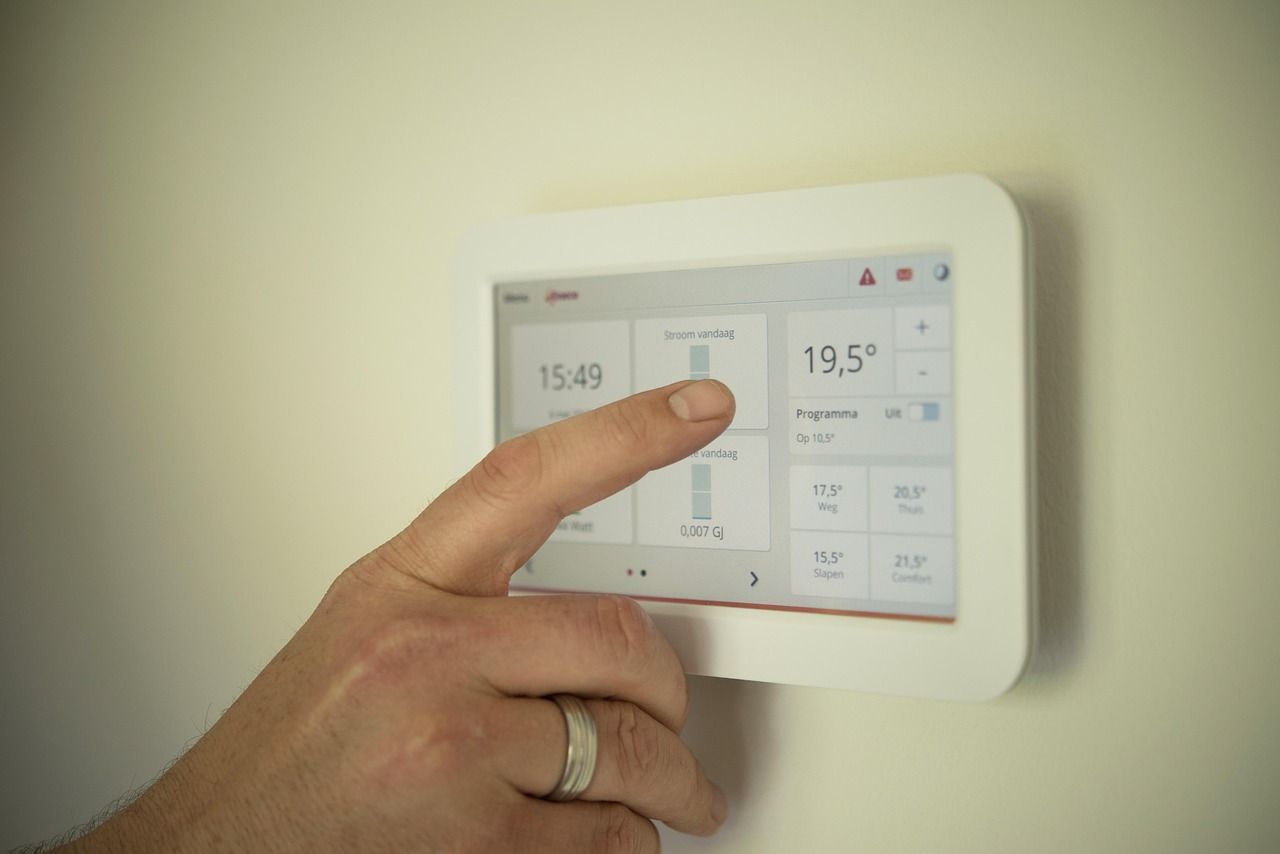 A glowing intelligent smart thermostat icon seamlessly integrated with a home heating system, representing advanced climate control