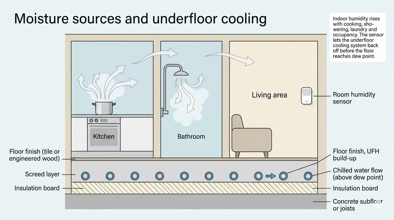 Cross-section diagram of a typical wet UFH layer in cooling mode, with humidity arrows from kitchen/bathroom shown, and a humidity sensor in the room.