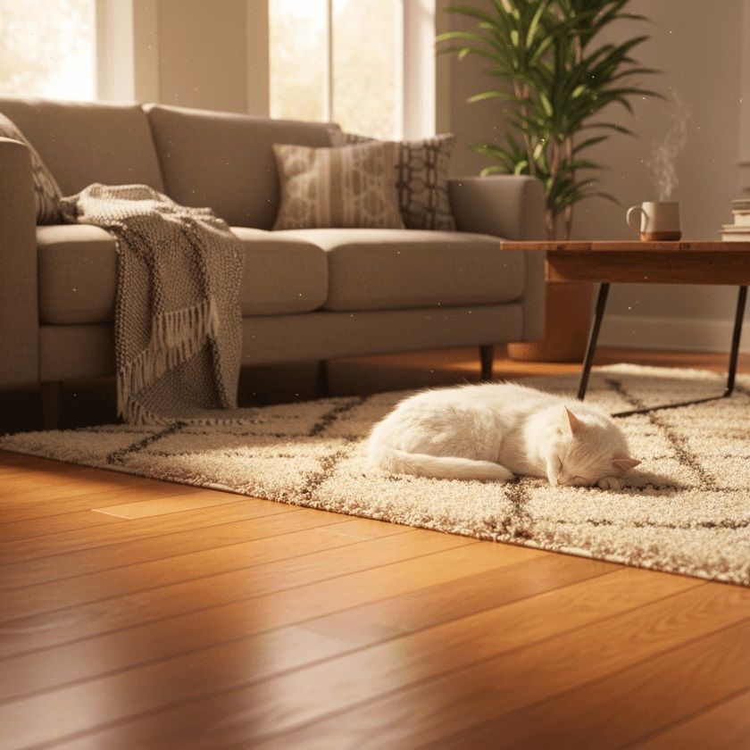 A cozy modern living room with smart-controlled underfloor heating creating perfect comfort without visible radiators