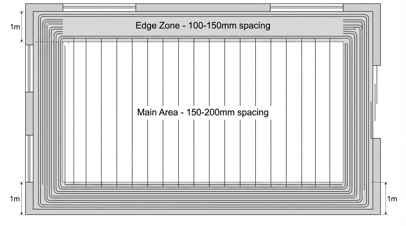 Edge zone heating: 1m perimeter along external walls with closer spacing, main area with wider spacing.