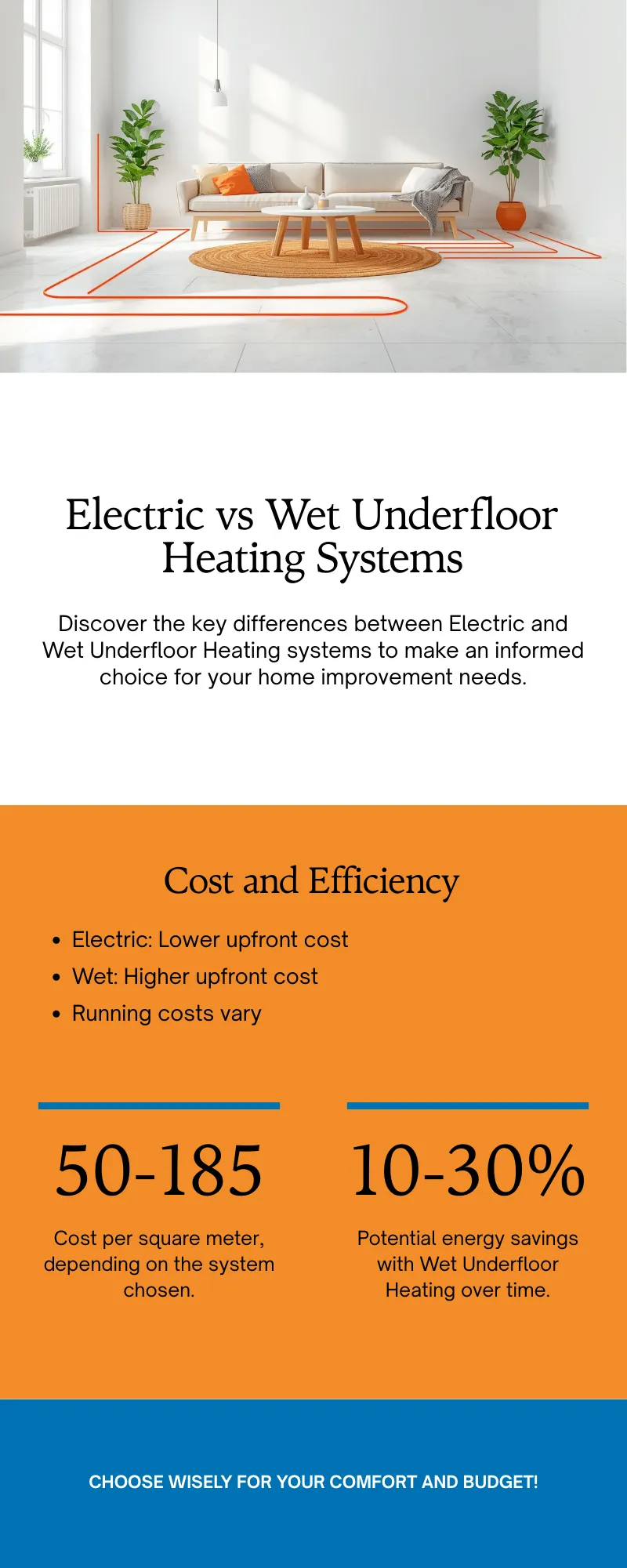 Side-by-side comparison infographic of electric versus water-based underfloor heating, highlighting installation costs, running costs, and best use cases for each system type.