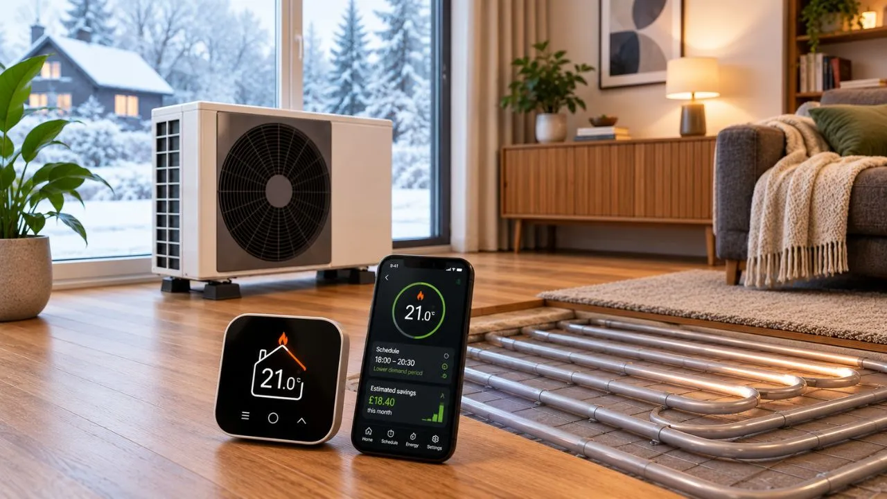 A luxurious modern living room with an underfloor heating and heatpump system and controls.