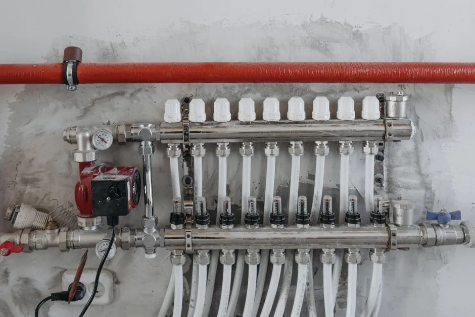 Wet underfloor heating pipe loops laid evenly across insulation before screeding