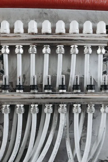Underfloor pipe manifold used to distribute heating and cooling water