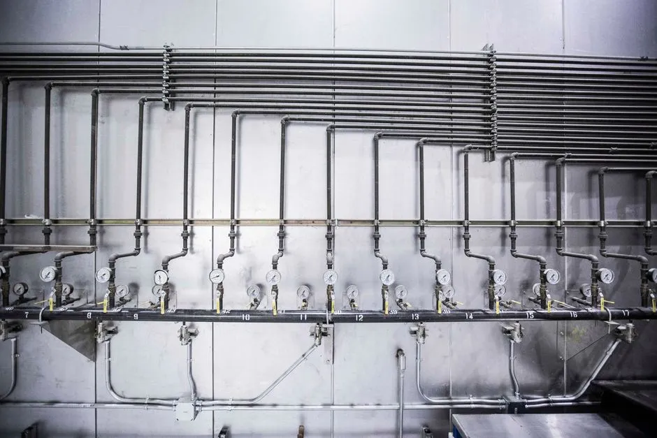 A manifold with individual flow meters distributing warm water to several floor loops