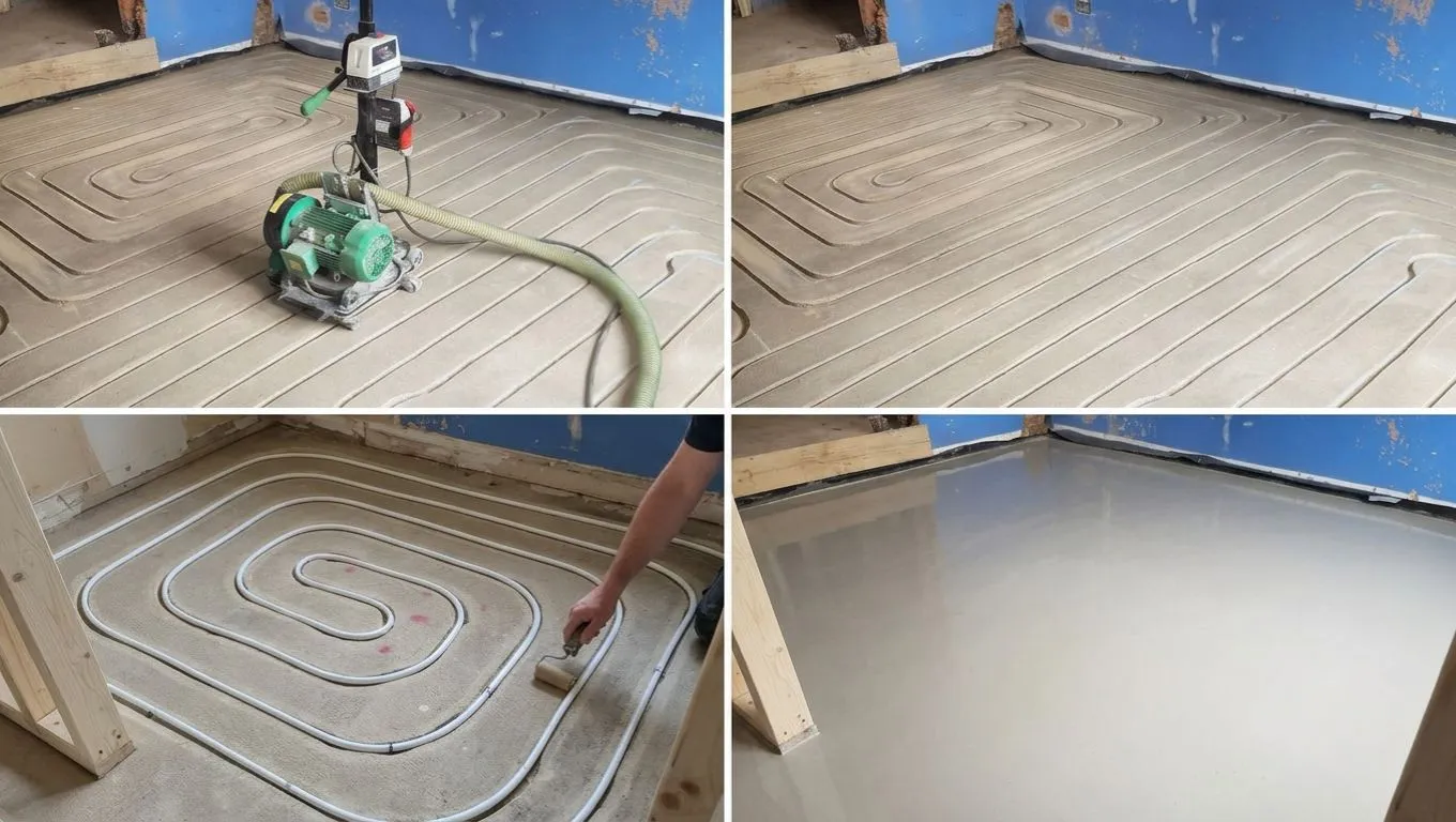 Four-stage process for milling underfloor heating into a concrete floor: milling machine cutting channels, the finished channel pattern, pipe pressed into the channels, and self-levelling latex compound applied over the top