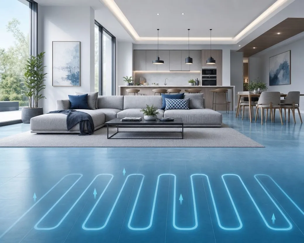 Hero image. Modern open-plan room with subtle blue-tinted floor and small icons showing pipe loop running underneath..