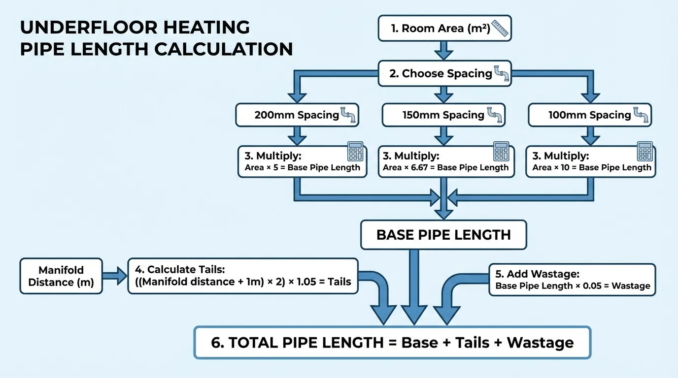 Pipe calculation flowchart showing the four steps: base pipe, tails, wastage, total.