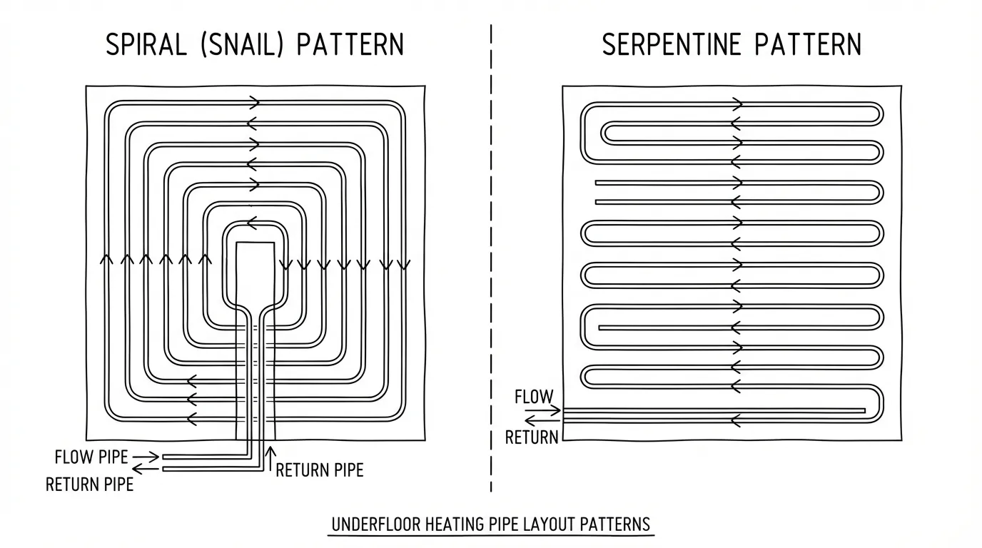 Spiral pipe layout: coils radiating outward with flow and return side-by-side for even heat.