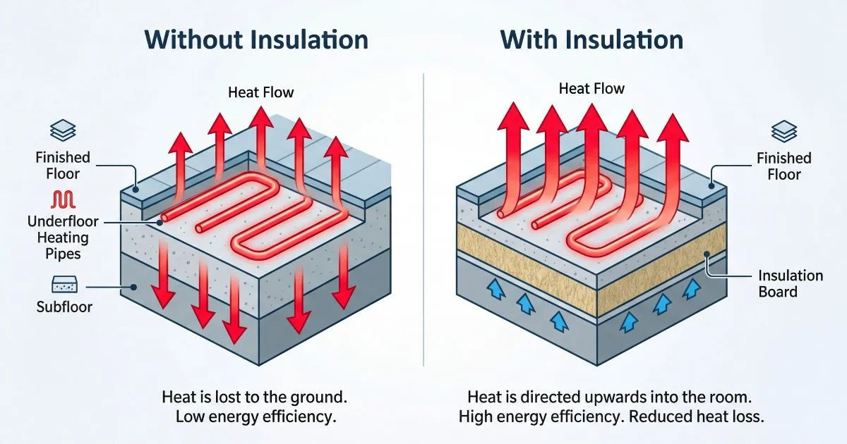 Modern infographic diagram showing a cross-section of a floor with underfloor heating.