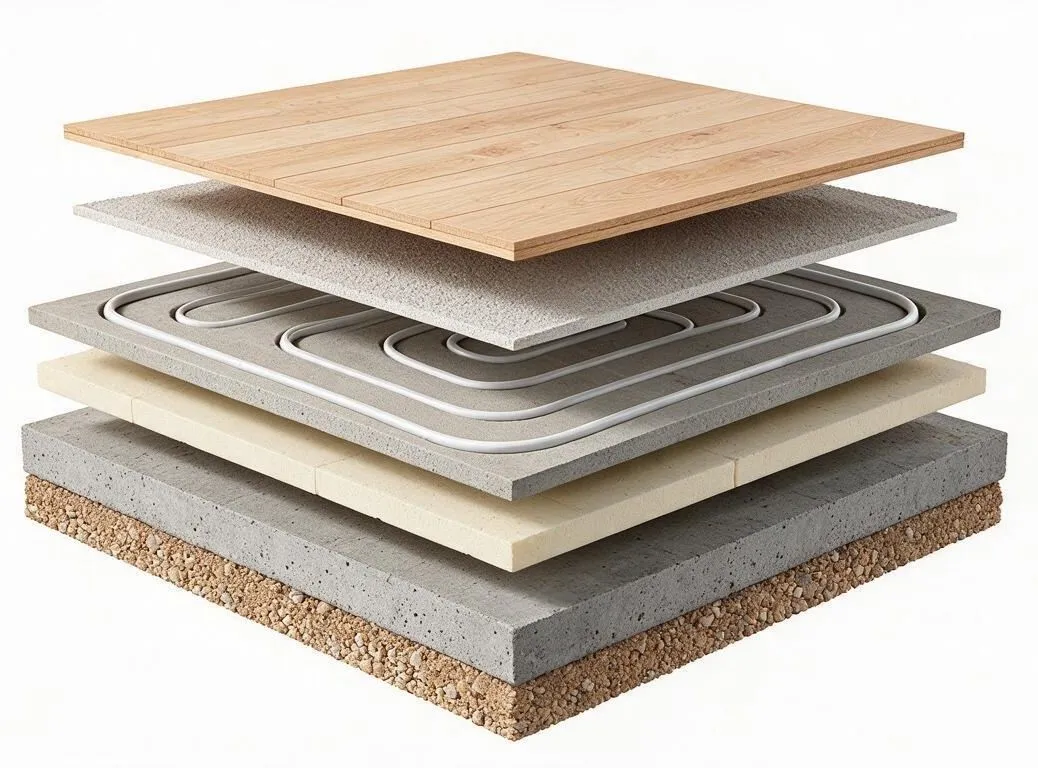 Cross-section diagram showing the layered build-up of a conventional screeded underfloor heating floor: flooring, screed, pipe, insulation and subfloor