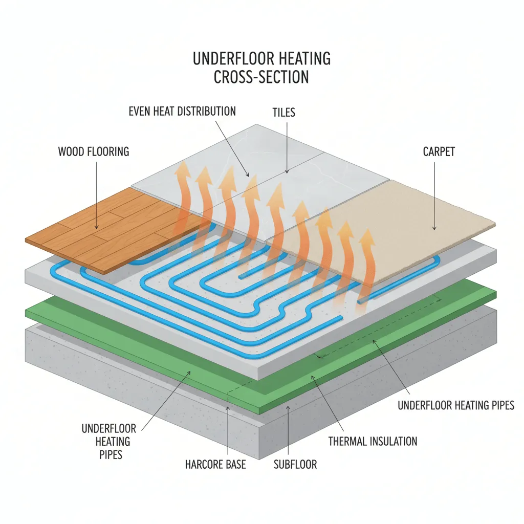 A selection of flooring types suitable for underfloor heating, including tiles, engineered wood, and LVT.