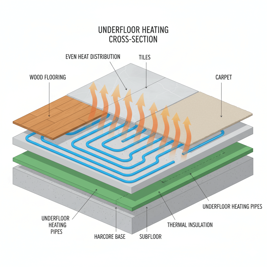 Technical diagram showing underfloor heating pipes layout and spacing patterns for optimal heat distribution