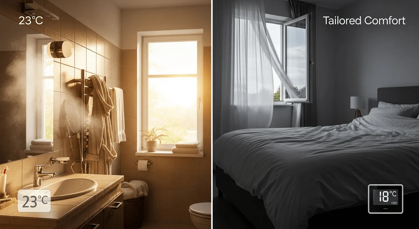 Split image showing warm bathroom, comfortable living room, and cool bedroom
